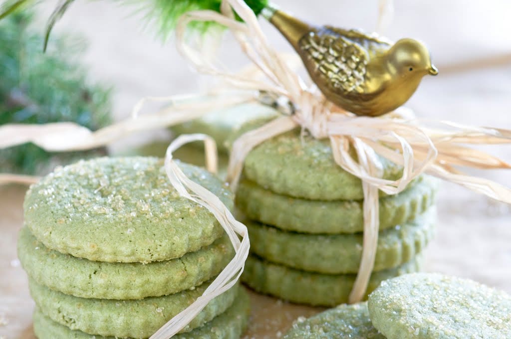 These rich buttery-sweet crumbly Matcha Green Tea Shortbread Cookies are infused with the delicate flavor of green tea and finished with sparkling turbinado sugar. They make a delightful gift for the holidays.
